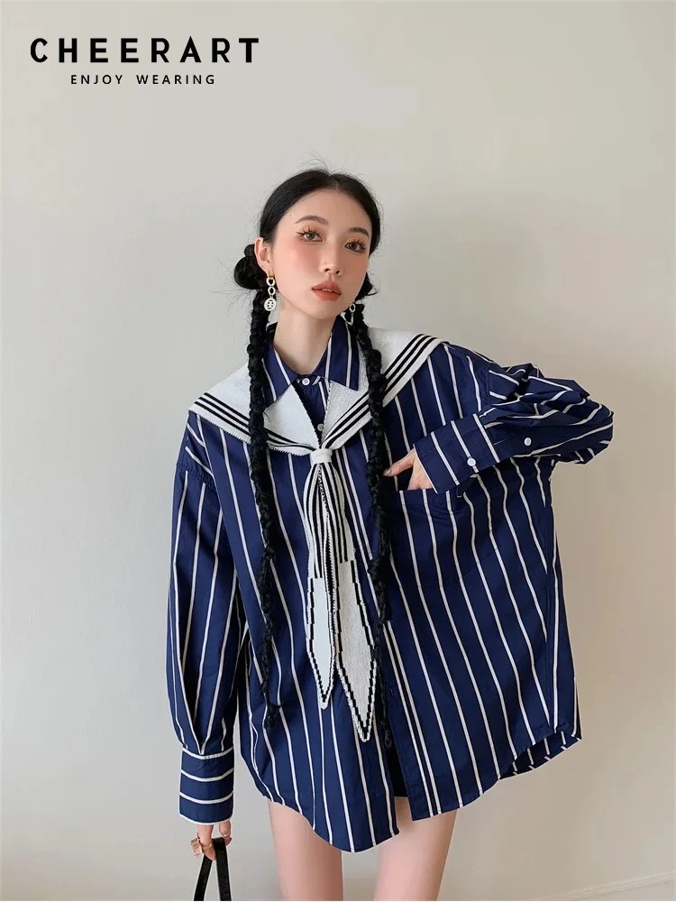 

CHEERART Preppy 2 Piece Sailor Collar Blue Striped Oversized Shirt For Women Button Up Long Sleeve Top And Blouse Fall Clothing