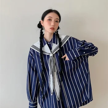 CHEERART Preppy 2 Piece Sailor Collar Blue Striped Oversized Shirt For Women Button Up Long Sleeve Top And Blouse Fall Clothing