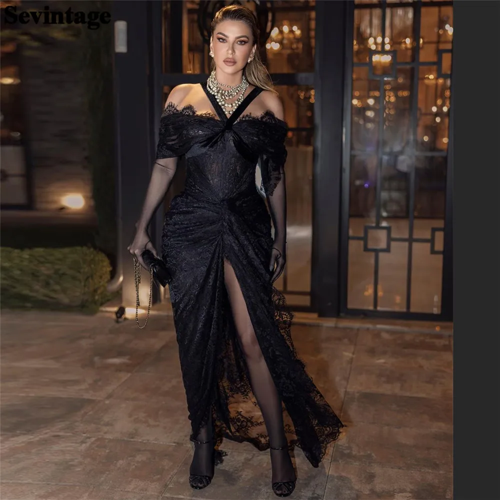 

Sevintage Elegant Black Prom Dress Mermaid Halter Off The Shoulder Pleated Mid Slit Floor Length Evening Dress vestido de gala