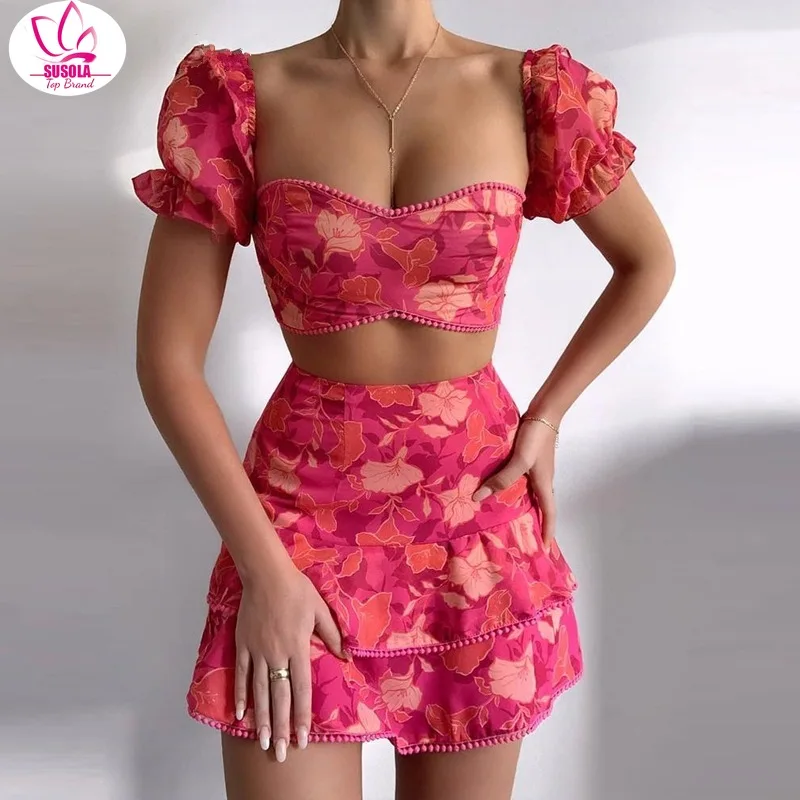 

Print Short Sleeve Crop Top Ruffle Skirt Suit Women Sexy Low Cut Slim Mini Skirts 2 Piece Lady Summer Ladies Flowers Elegant Set