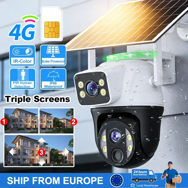 Caméra solaire 4G extérieure à double objectif, triple écran, 12MP, 6K, caméra de surveillance sans fil V380 Pro, batterie intégrée 8000mAh 1