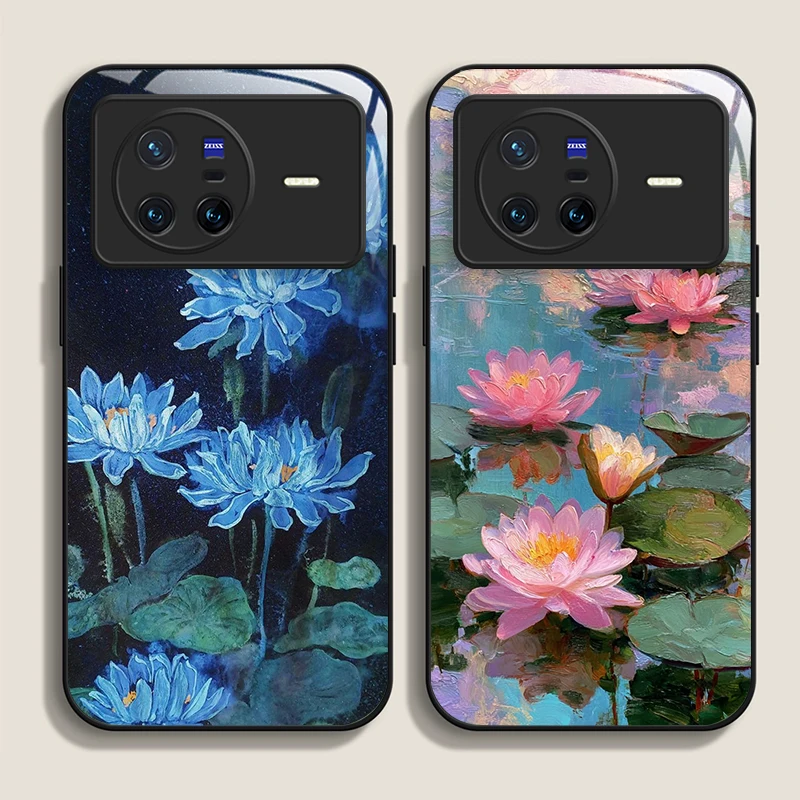 Vintage Lotus Flower Pattern Tempered Glass Phone Case - Artistic Oil Painting Design, Ultra-Durable Hard Cover