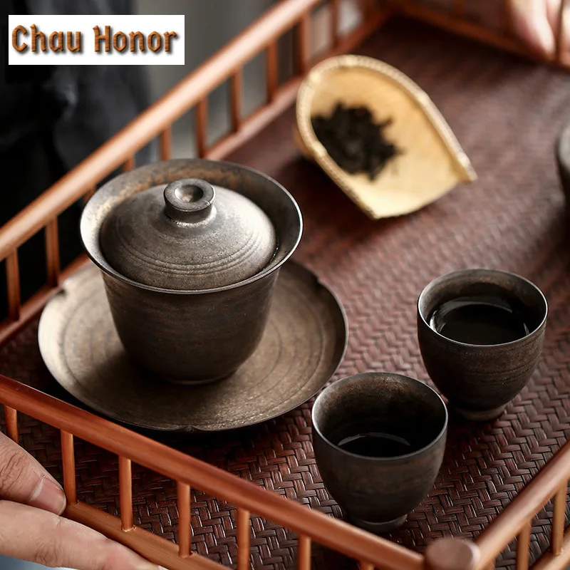 160ml Retro Ceramic Sancai Gaiwan Single Cup Handmade Gilding Tureen Kung Fu Teaware Household Accessories Office Decoration