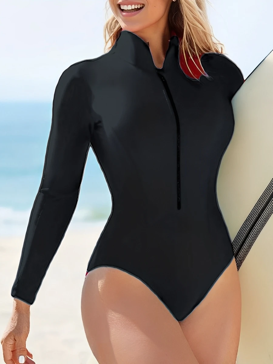 Slim Rush Guard Long Sleeve Surfing Swimsuit Women With Zipper Solid Swimwear Female Bathers Bathing Swimming Swim Suit XXL Rash Guard Surfing Swimsuit