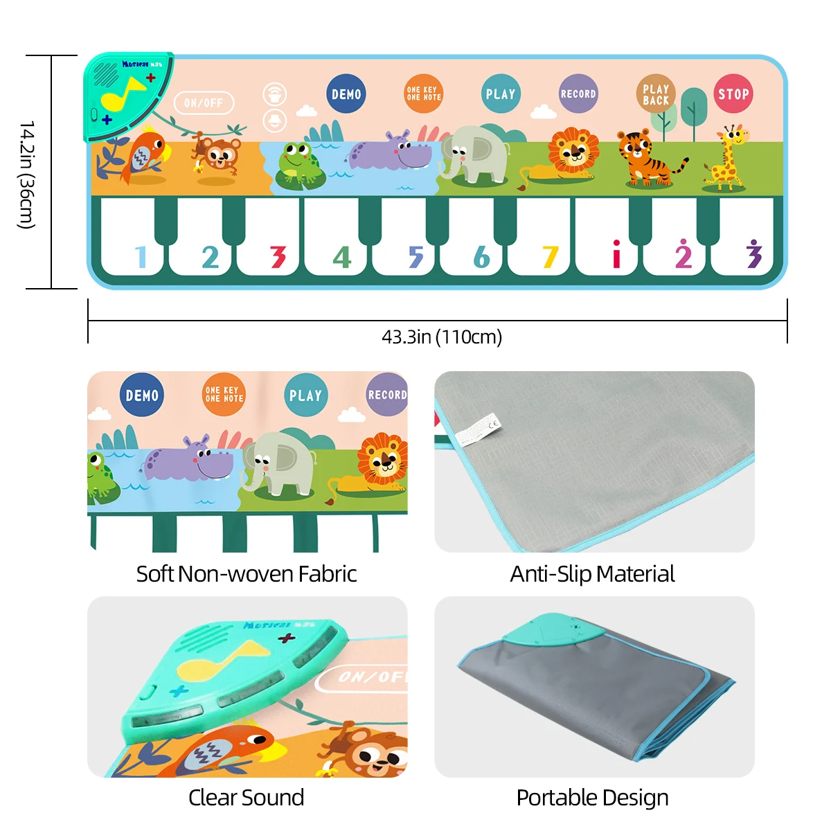 110x36cm Musical Piano Mat Floor Keyboard Dance Mat for Kids Toddlers with 8 Animal Sounds Baby Mat Study Educational Toys 4