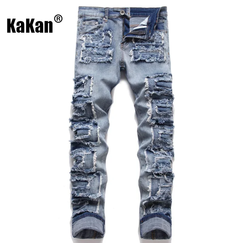 Kakan - European and American New Distressed Embroidery Patch Jeans for Men, Personalized Trendy Long Jeans K59-111