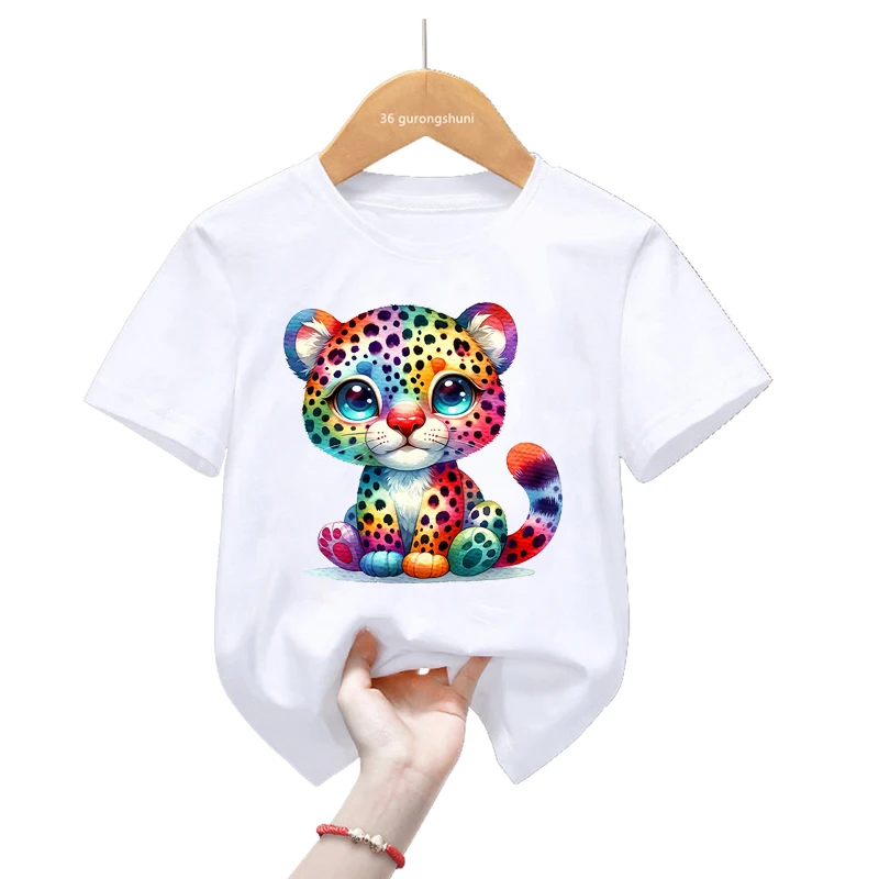 

Футболка с изображением радуги тигра и животных для девочек и мальчиков, милая детская одежда в стиле Харадзюку, подарок на день рождения, летняя модная футболка с коротким рукавом