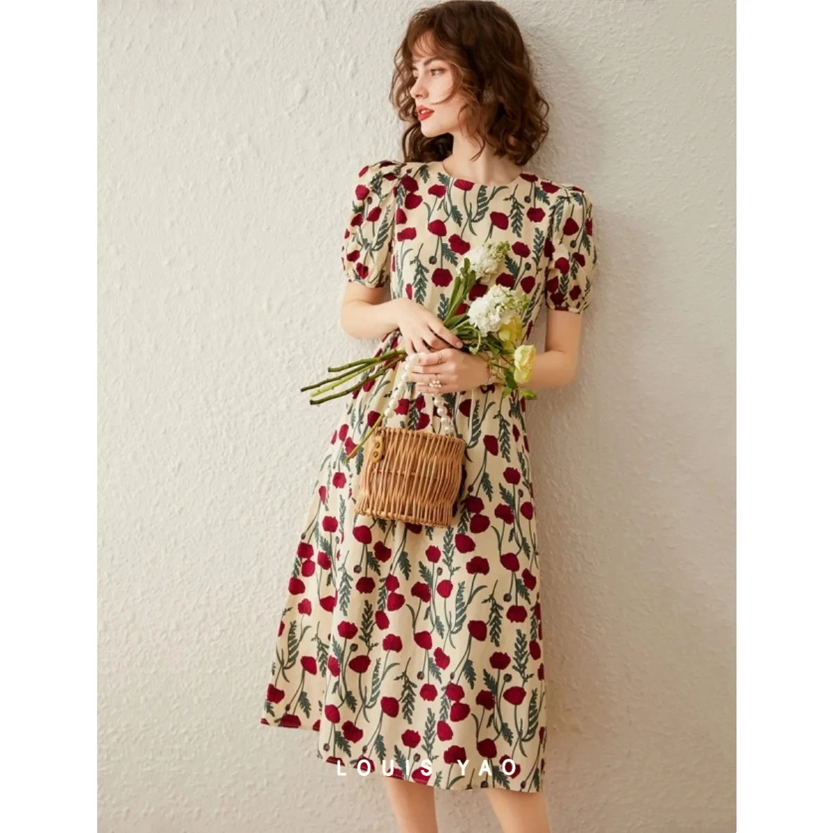 LOUISYAO Summer Women's Dress 2026 Round Neck Puff Sleeve Fitted Long Dress Casual Streetwear Outfits French Floral Print Dress