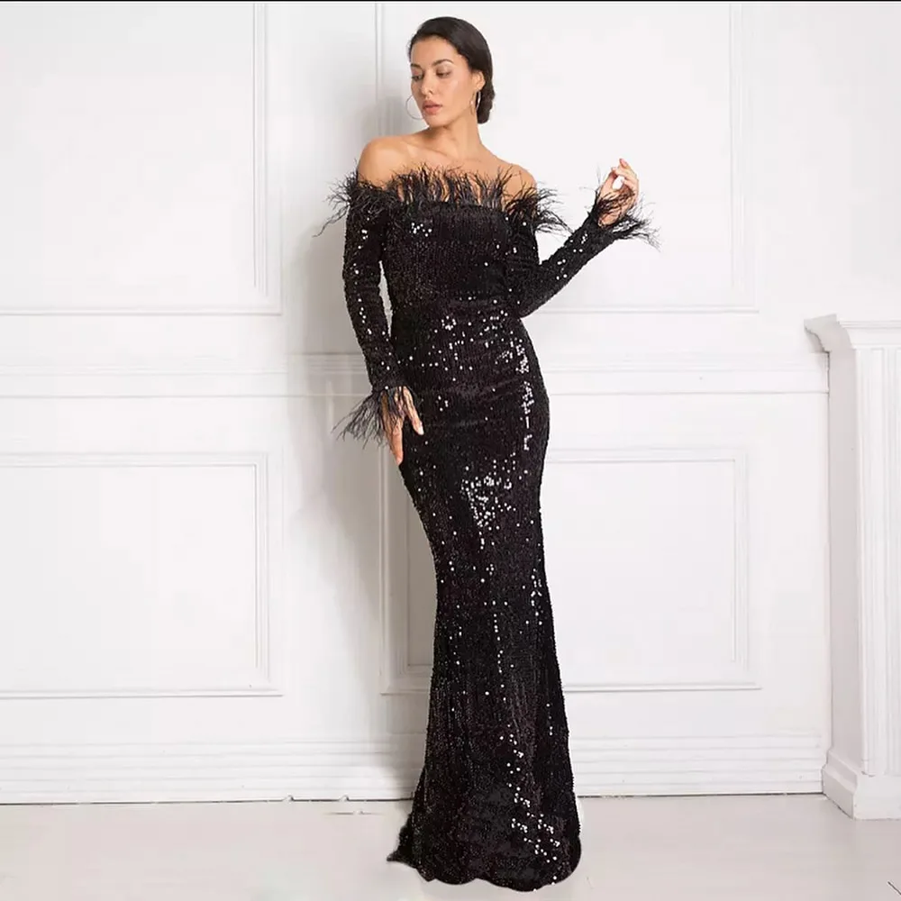

YALIN Black Mermaid Prom Dresses Elegant Feathers Boat Neck Off The Shoulder Long Party Gown Glitter Sequin Evening Dress