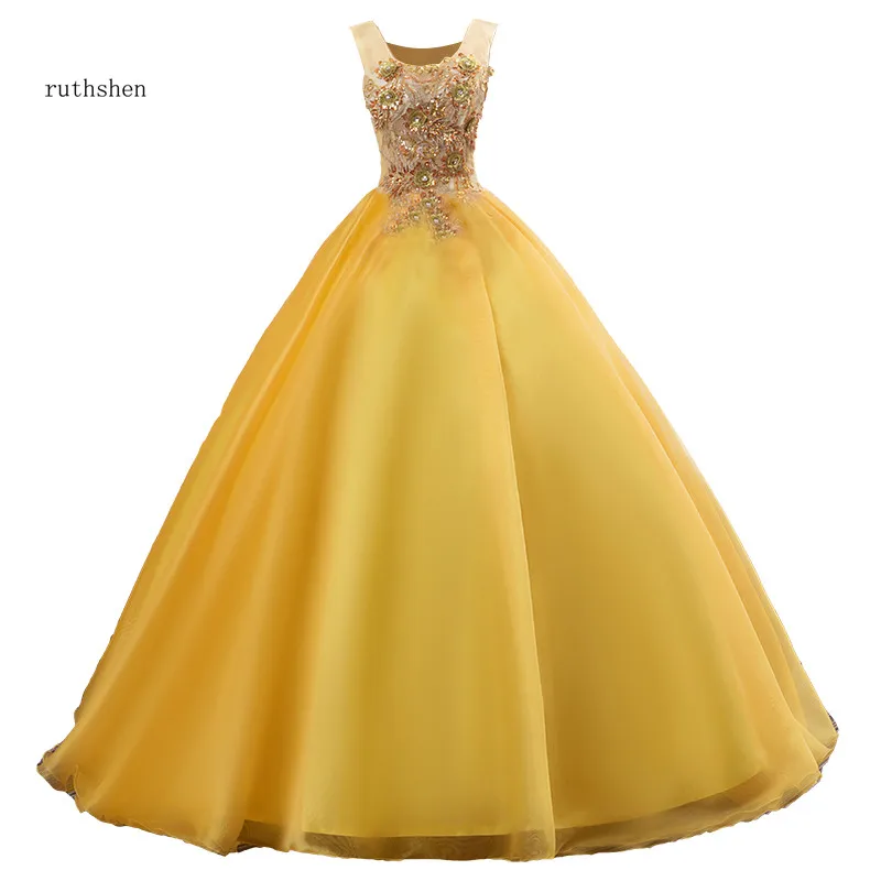 

ruthshen Vestidos Debutantes 2023 Quinceanera Dresses Illusion Ball Gown Gold Appliques Beaded Puffy Prom Dresses Vestidos Para