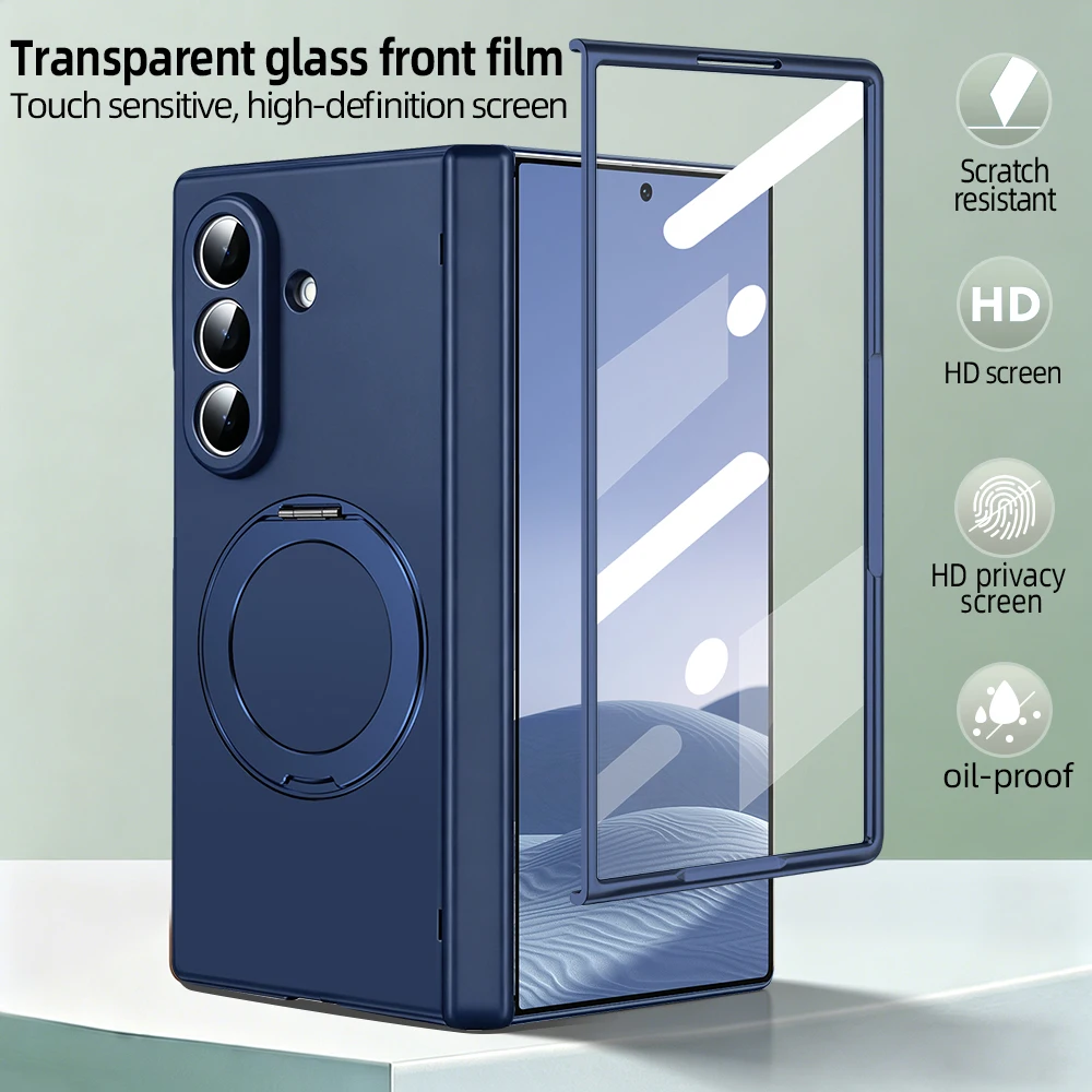 Enhanced Magnetic Phone Case with 360° Alloy Kickstand, Glass Film, and Hinge Cover