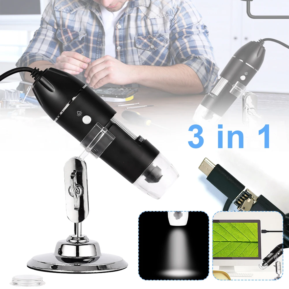 

1600X Digital Microscope Camera Portable 3 in 1 Type-C USB Inspection Camera Microscope with Holder For Mobile Phone Repair