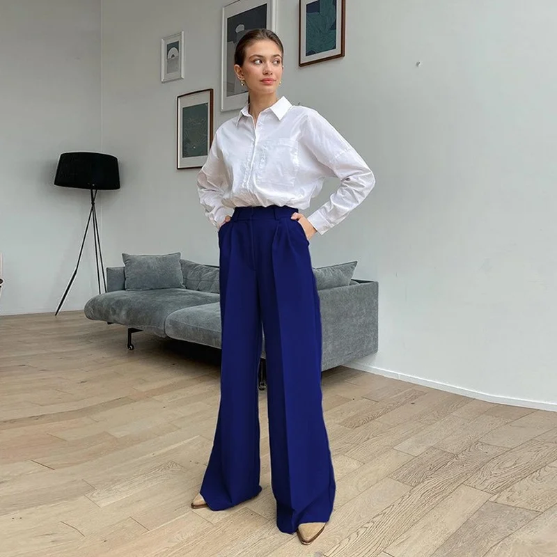 High Street Button Fly Women Suit Pants Black White Flare Pants High Waist  Loose Blue Casual Trousers New Drape Wide Leg Pants - AliExpress