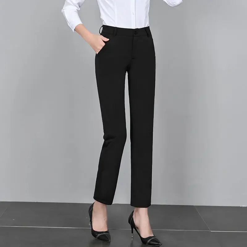 

Office Lady Pockets Fake Zippers Button Ankle-length Pants Pencil Solid Formal Women Clothing High Waist Spring Summer Thin A304