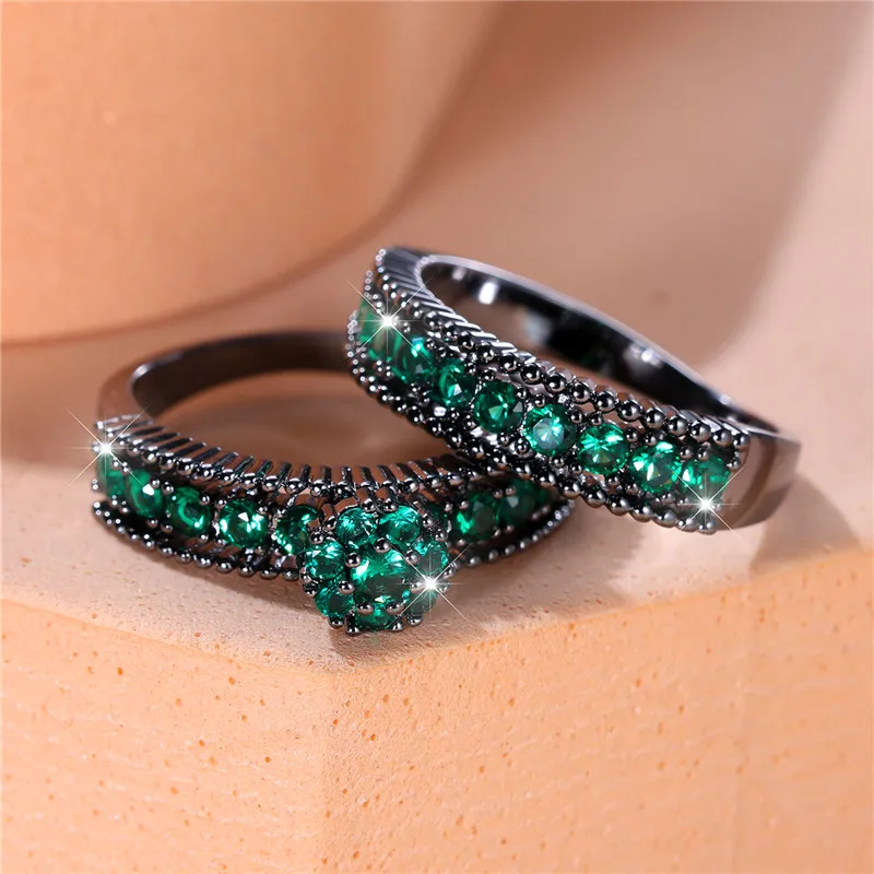 Luxury Female Green Round Ring Set Trendy Black Gold Color Engagement Bride Wedding Jewelry Gift For Women