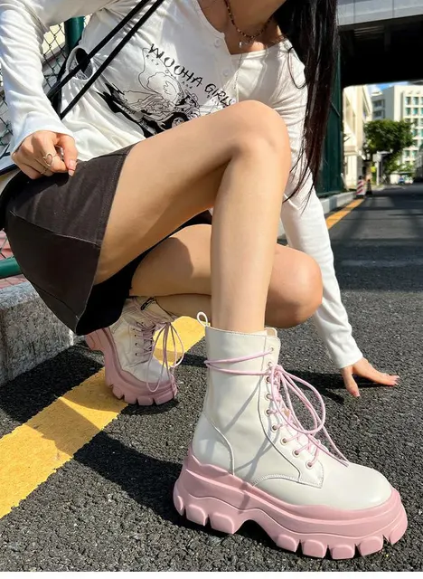 New White Pink Boots Pu Leather Thick Sole Lace Up Combat Booties Female Autumn Platform Shoes Woman 2023 - Women's Boots - AliExpress