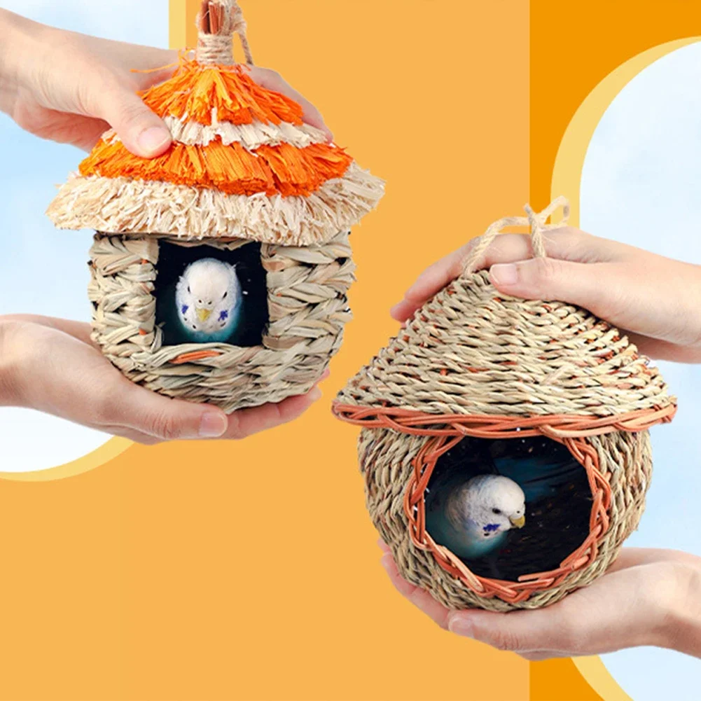 Bird Nest Hand-Woven Grass House For Small Parrot Canary Lovebird Parakeet Hatching Birds Hut Outdoor Hanging Chickadee House For Bird House Bird Nest Outdoor Bird Breeding Loft