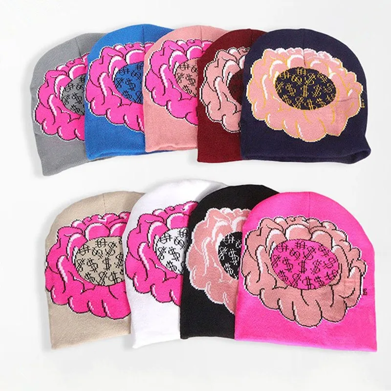 

New Big Flower Money Pattern Knitted Hats Europe America Streetwear Trend Cold Caps Autumn Winter Personality Bonnet Wholesal