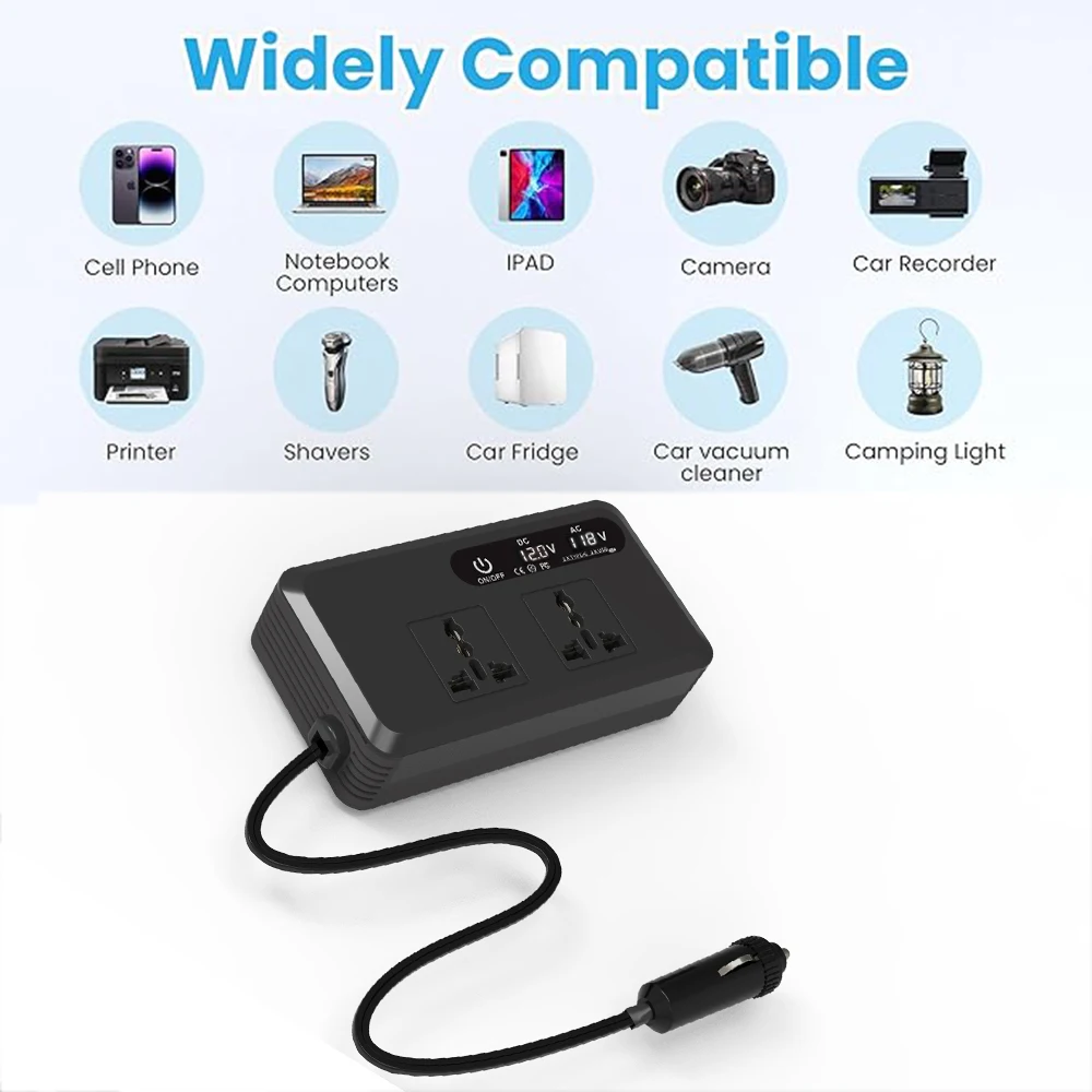 DC 12V에서 AC 110V/220V 200W 자동차 인버터 PD+QC3.0 듀얼 타입 C+2 USB 포트 휴대폰 충전기 시거잭 전원 어댑터 유니버설