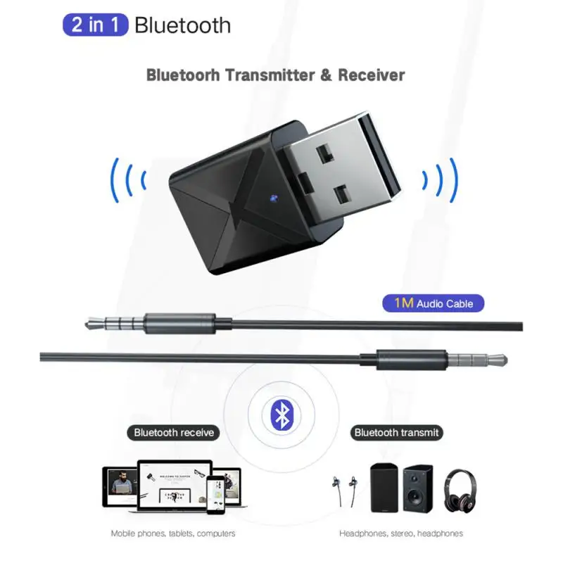 Bluetooth Audio Adapter 5.0 Mini USB 3.5mm AUX Jack Stereo Wireless For PC TV Car Speaker