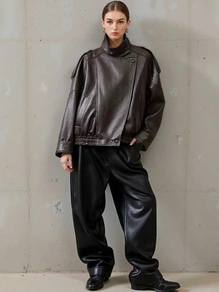 HH Autumn Women Fashion Turtleneck Faux Leather Jacket Vintage Long Sleeve Zipper Motorcycle Jackets Female Streetwear Chic Coat