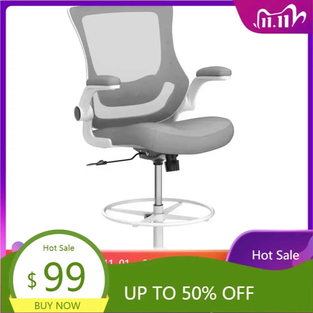 ergonomic adjustable height office chair with lumbar support, flip-up armrests, and footrest for standing desks