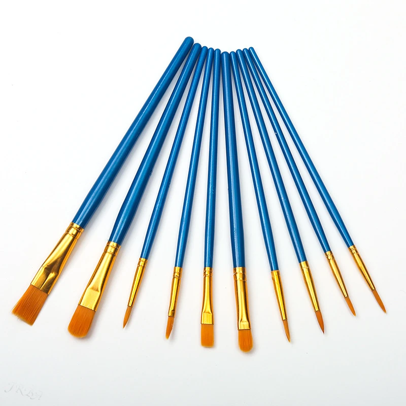 Painting Brushes Set of 10 Pearlescent Blue Wooden Pole Watercolor Brush Set Nylon Wool Brush Set Oil Set