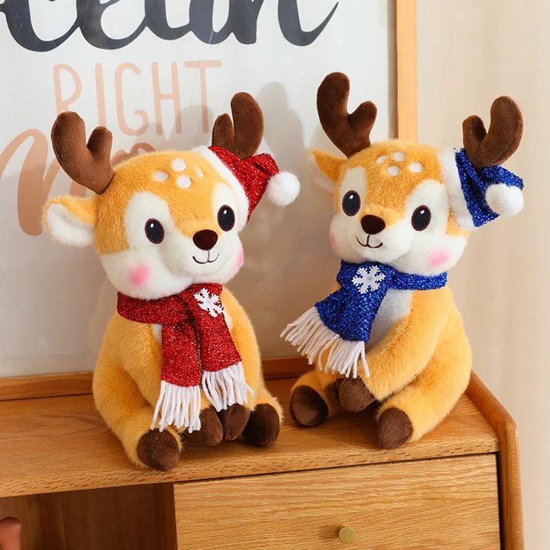 Kawaii Christmas Elk Plush Toys Stuffed Cartoon Sitting Pose Scarf Deer Doll Pretty Party Decor Lovely Xmas New Year Gift