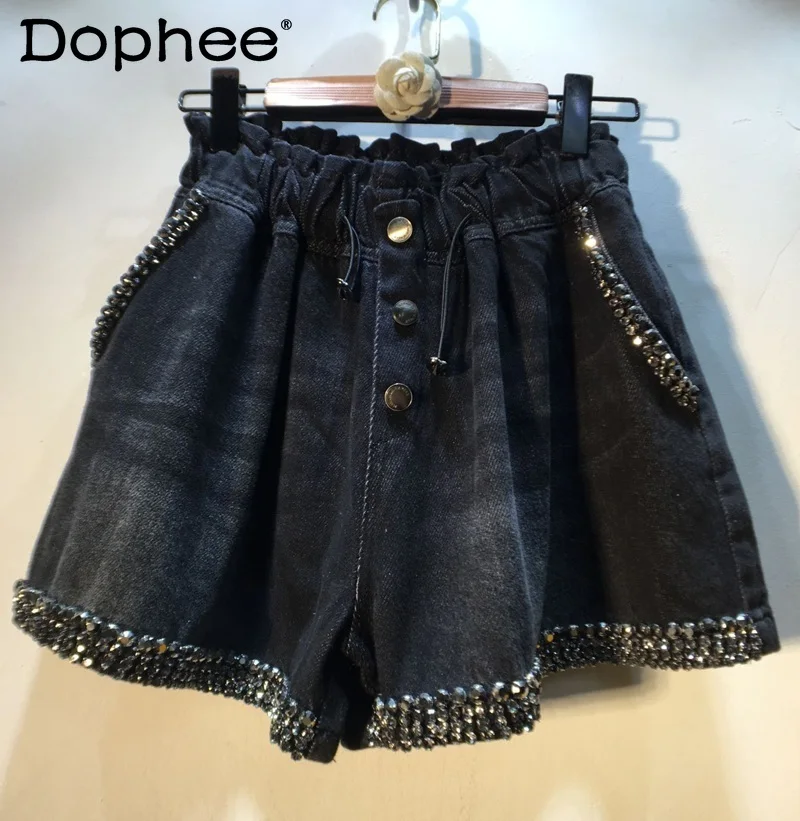 rhinestone-beaded-black-denim-shorts-women-elastic-high-waist-slim-wide-leg-jean-shorts-2022-spring-summer-short-pants-hot-pants