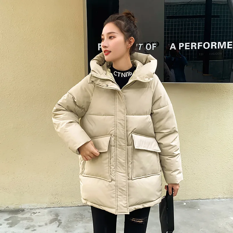 

Khaki Winter Hooded Cotton Padded Jacket Women 2023 Korea Fashion Candy Color Loose Warm Short Down Cotton Padded Jacket Jacket