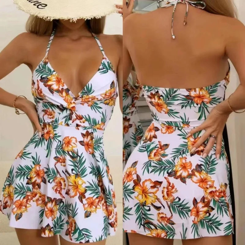 

Halter Backless One-piece Swimsuit for Women Floral Sexy V-neck Monokini Swimwear 2023 Bathing Suit Beachwear Swimming Q165