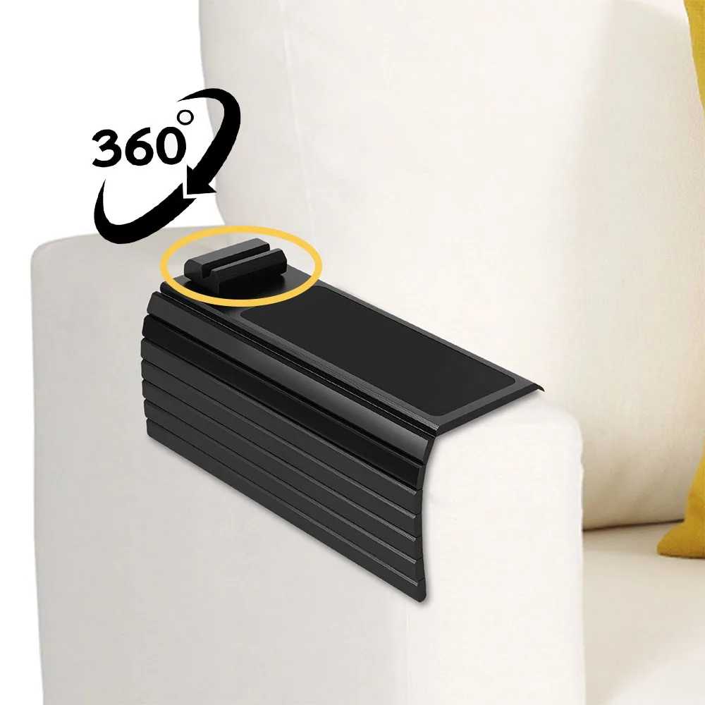 Wood Sofa Arm Tray with 360&deg; Rotating Phone Holder Foldable Sofa Tray for Drinks Snacks