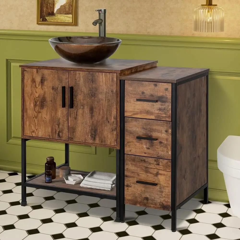 Antique Dark Brown Bathroom Vanity Set with Sink 3 Drawers and Side Cabinet Combo Iron Wood Storage Durable Stylish Design Easy 4