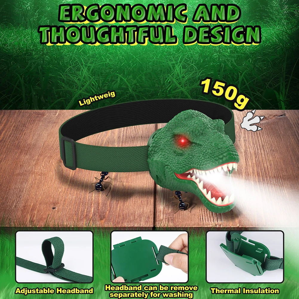 LED Dinosaur Kids Headlamp 90&deg; Rotation Novelty Simulation Dinosaur Headlamp 4 Modes Head Flashlight for Kids Ages 3+