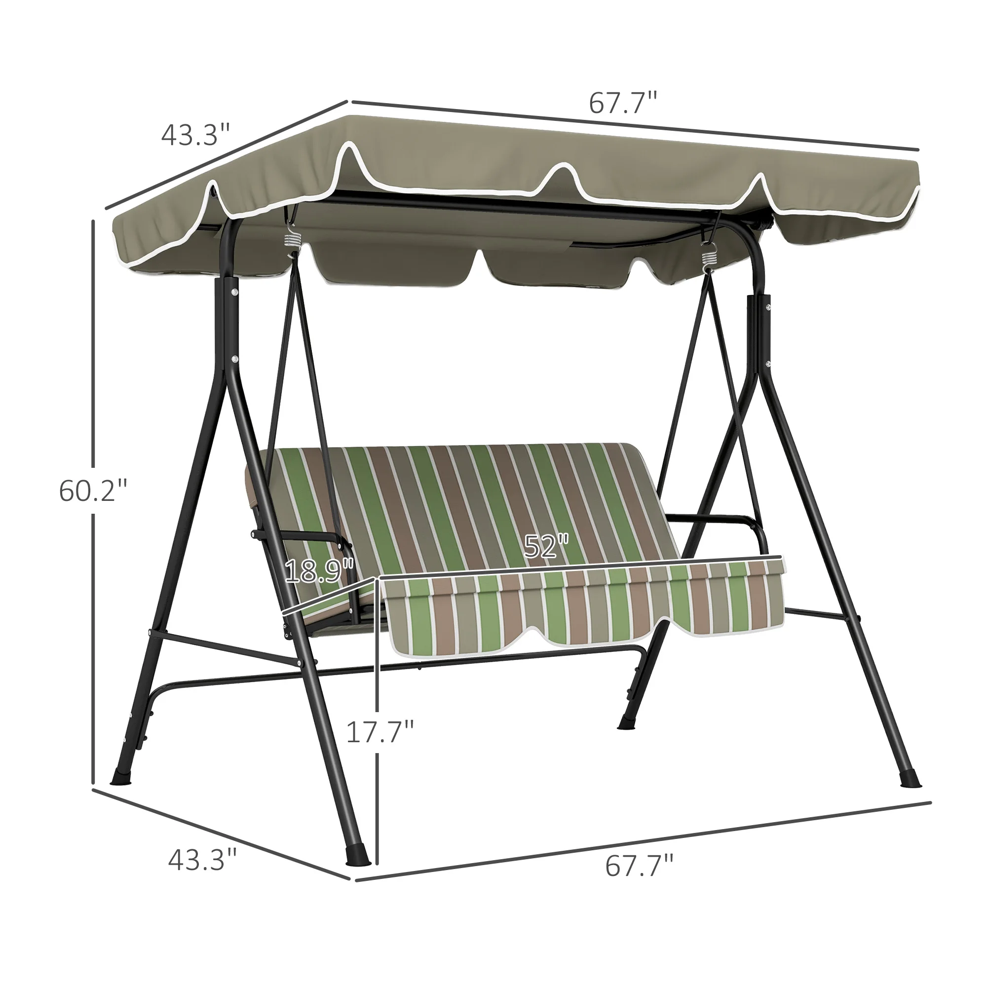 3-Seat Outdoor Patio Swing W/ Canopy & Cushion, Beige & Green 3