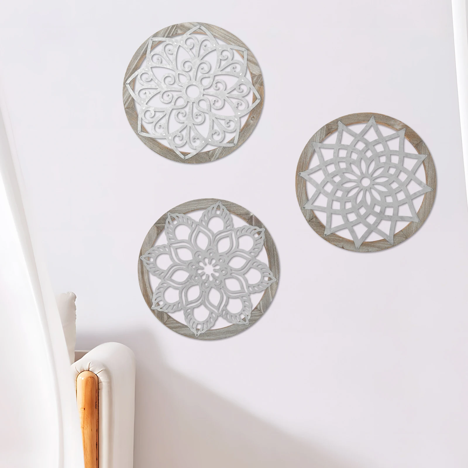 

3Pcs Farmhouse Wall Decor Metal Farmhouse Wall Art with Wood Frame Round Flower Hanging Decoration 0.95inch Thick Rustic Flower