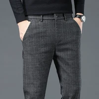 2024 Men New Spring Autumn England Plaid Work Stretch Pants Men Business Fashion Slim Grey Casual Pant Male Brand Trousers 28-38