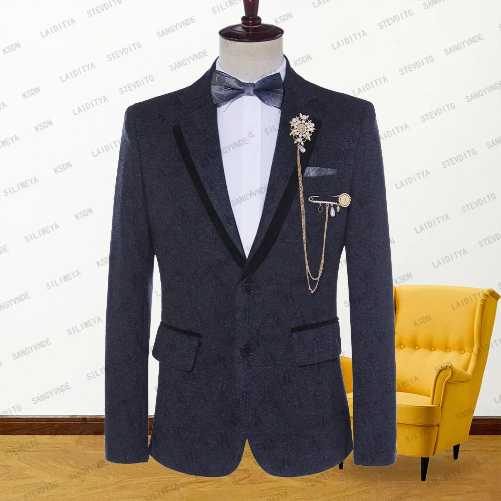 

2023 New Men Suit Dark Grey Letter Pattern Casual Black Velvet Trimmed Slim Fit British Style Blazer Coat Male Tuxedo Jacket