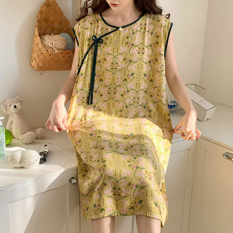 New Chinese Style Colorful Printed Dress Women's Round Neck Sleeveless Nightgown Summer Thin Cotton Home Wear Clothing for Lady