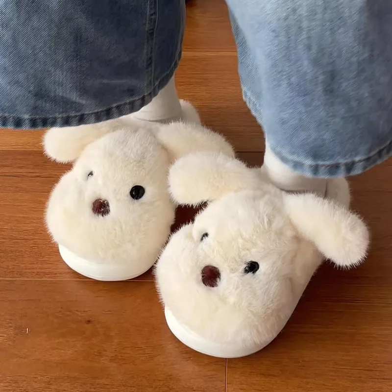 Vollständig umwickelter, entzückender Hunde-Plüsch-Slipper für Damen, woofer-volle weiche Fleece-Hausschuhe für Freizeitkleidung zu Hause, kuschelige, flauschige Slides – Detail 4