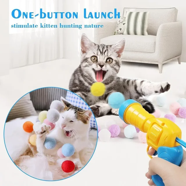 Plush Ball Shooting Gun Cat Toys Interactive Kittens Mini Pompoms Launcher Games Pet Accessories Supplies Indoor Cats Self Play 2