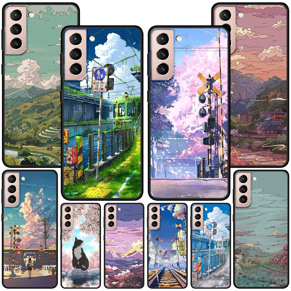 Custodia Per Paesaggi Dipinta A Mano Anime Giapponese Per Samsung Galaxy S20 Fe S22 S23 Ultra S21 S10 Lite S9 S8 Plus Cover In Silicone Nero