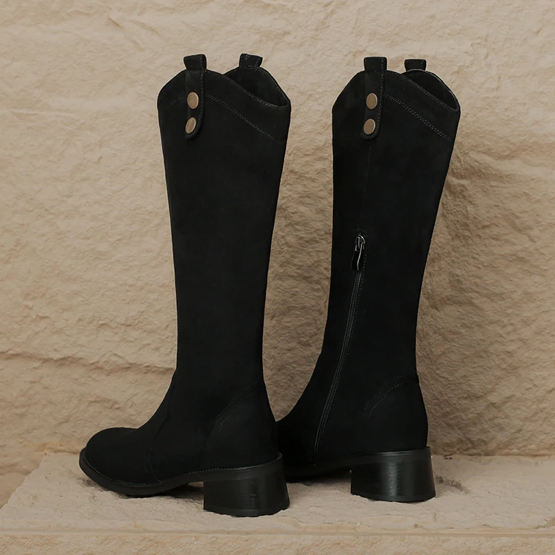 Kcenid Women's Boots Trend 2023 High Quality Sueded Comfortable Heeled Zipper Boots Vintage Knee-High College Style Shoes Woman