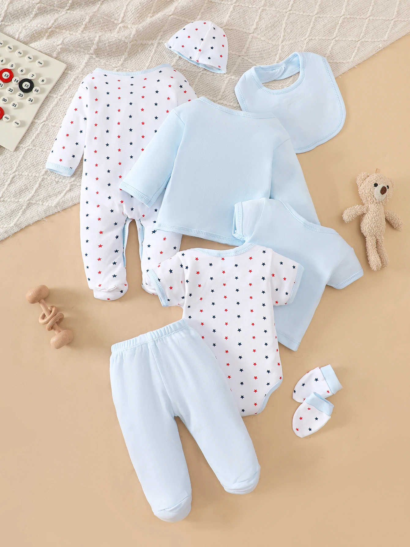 Set di 8 Body per Neonati in 100% Cotone, Azzurro con Stampe di Orsetti, Morbidi e Traspiranti, Ideali per Dormire e Gattonare - immagine 2