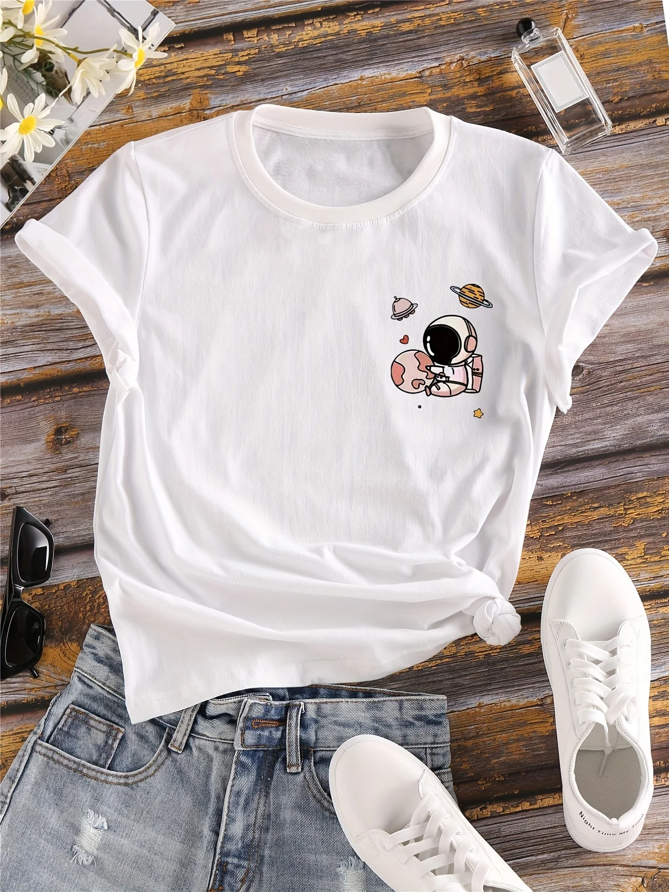 

Cute Astronaut Print Graphic T-Shirt, Cute Cartoon Short Sleeve Crew Neck Shirt, Casual Every Day Tops, Women's Clothing