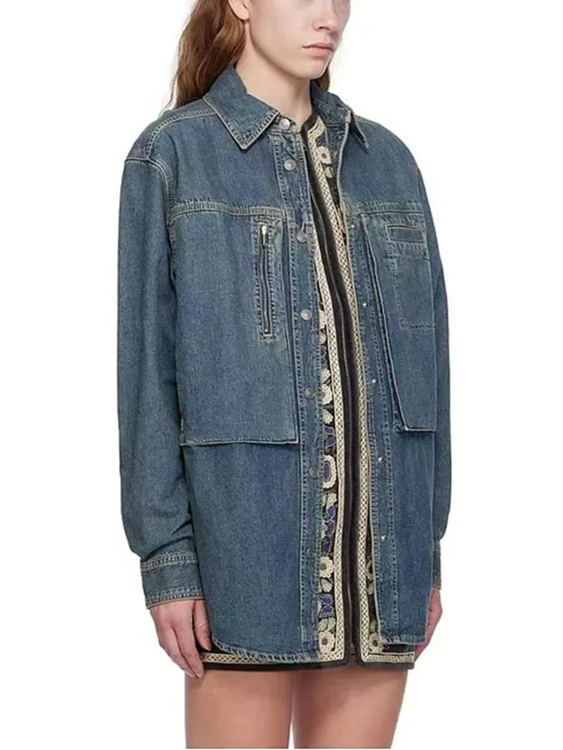 

Women Denim Jacket Single Breasted Long Sleeve Turn Down Collar Fashion Autumn 2023 Silhouette Coat