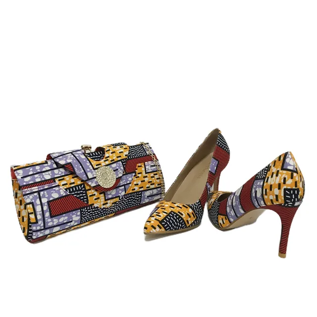 Bags African Print Shoes WENZHAN High Heel Wax Fabric Shoes With Women Bag  Set ,Women Shoes