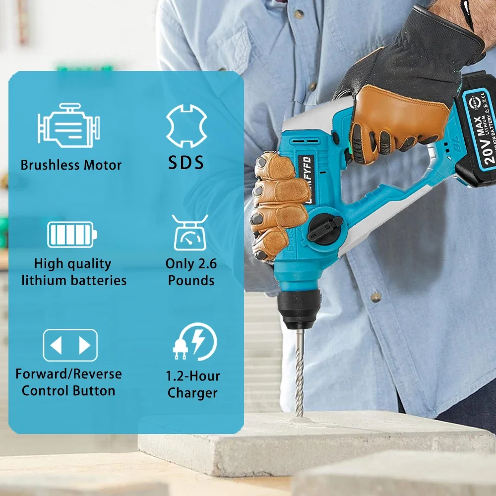 2 in 1 Brushless Electric Hammer Handheld Cordless Drilling Wall Loose Soil Impact Drill Power Tool for Makita 18V Battery 6