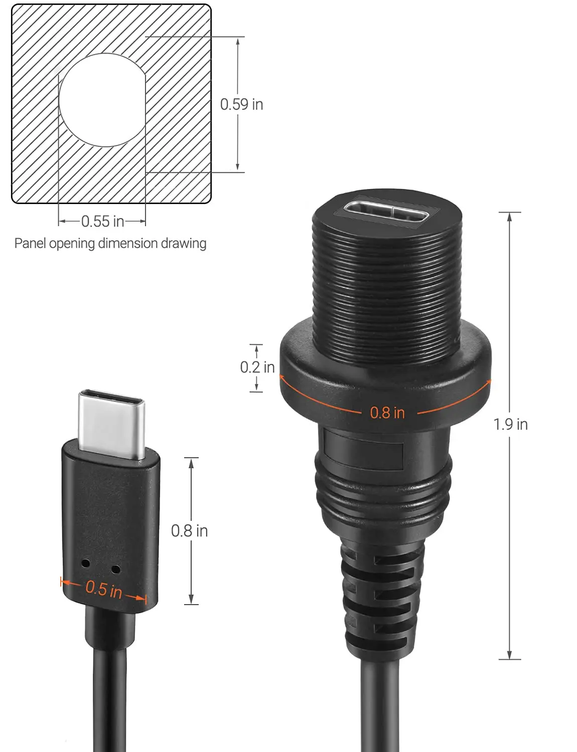 소형 홀 USB 2.0/3.0/3.1 타입-C 암수 대시보드 매립형 케이블 (방수 키트 포함, 자동차, 보트, 오토바이용)