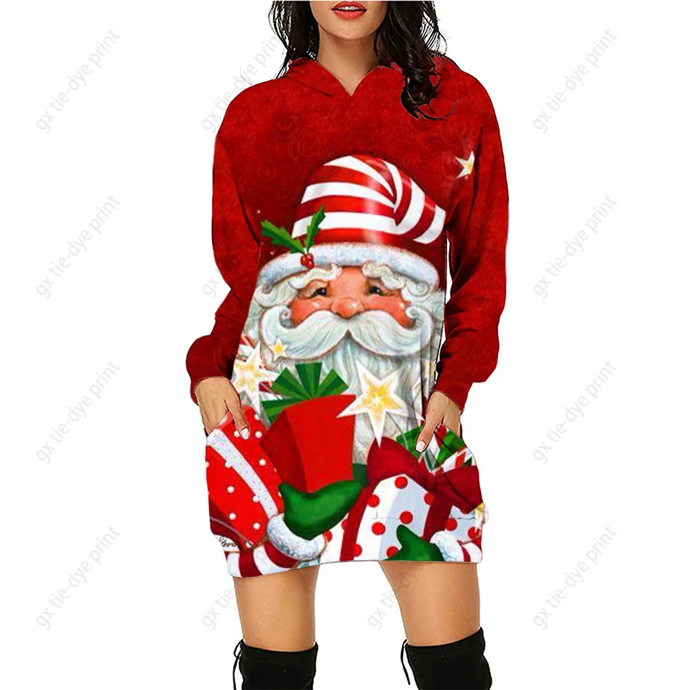 

Santa Claus print Women Hoodie Dress Autumn and Winter Fashion Long Sleeve Hoodie Christmas Hooded Dress Pullover Dress S-5XL